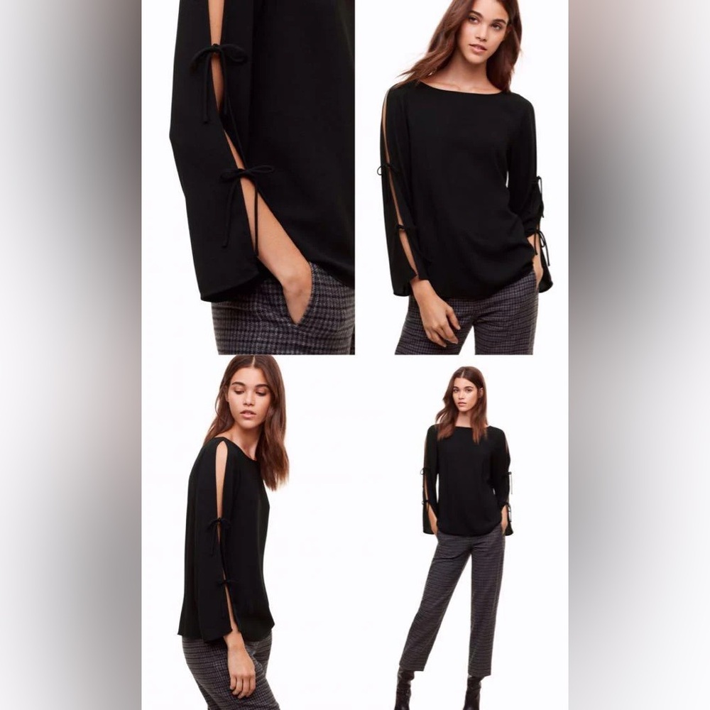Aritzia Wilfred Black Tie Front Long Sleeve pozi Blouse bow